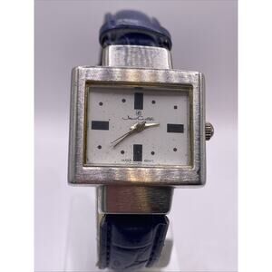 Jean Carter Womens Tank Silver Blue Leather Watch New Battery